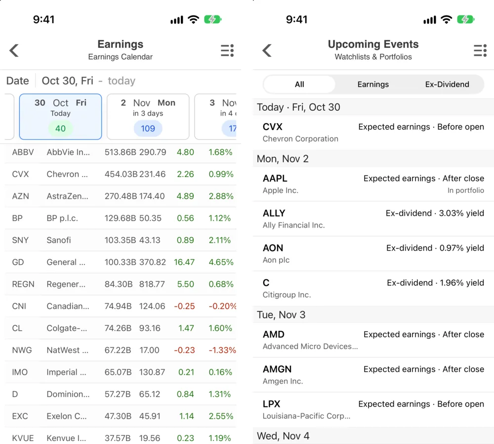 Two Stock Master screens side by side: the Earnings Calendar with a date strip showing 40 reports today and 109 on Monday above a table of reporting companies, and Upcoming Events listing expected earnings and ex-dividend dates for the user's watchlists and portfolios