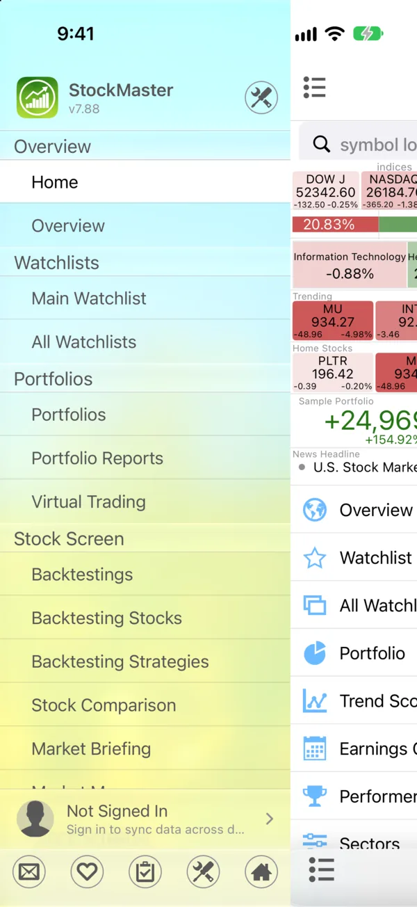 The Stock Master side menu open over the Home screen, showing the Overview, Watchlists, Portfolios and Stock Screen sections and the Not Signed In account panel