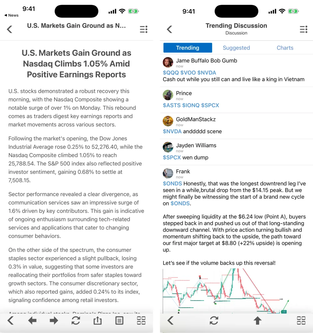 Two Stock Master screens side by side: a news article in the reader view, and the Trending Discussion screen with Trending, Suggested and Charts tabs