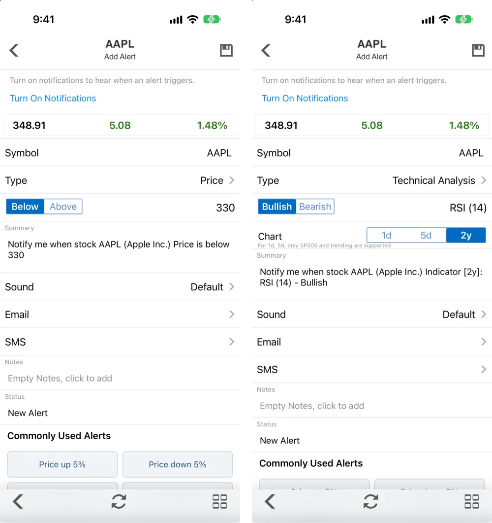 Two Stock Master Add Alert screens side by side: a price alert for AAPL below 330, and an RSI (14) bullish indicator alert on the 2-year chart