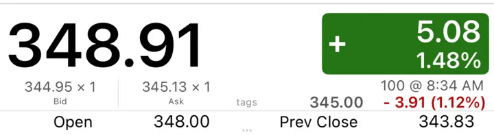 The top of the Stock Master AAPL quote before the open: last close 348.91 up 5.08, bid 344.95, ask 345.13, and a pre-market line of 345.00 down 3.91 or 1.12% at 8:34 AM