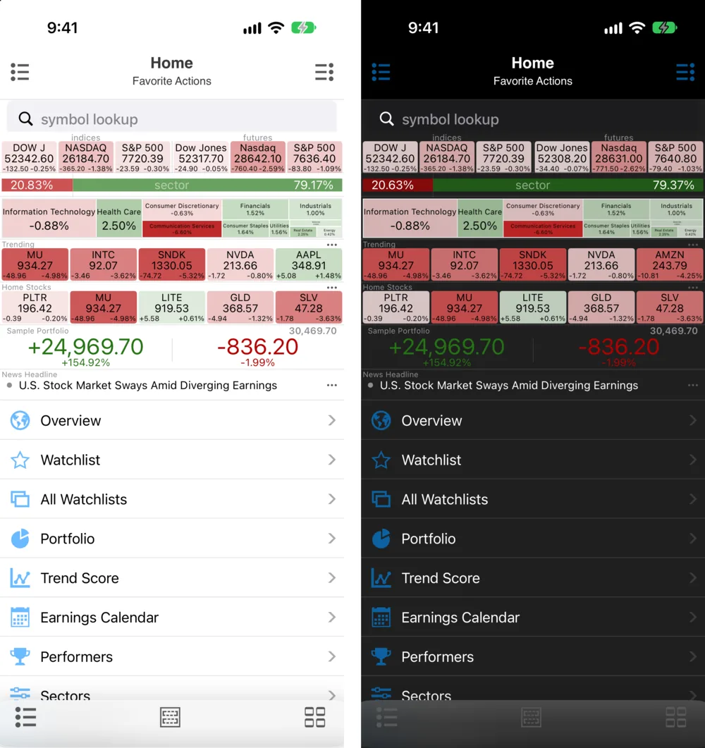 The Stock Master Home screen side by side in light mode and dark mode