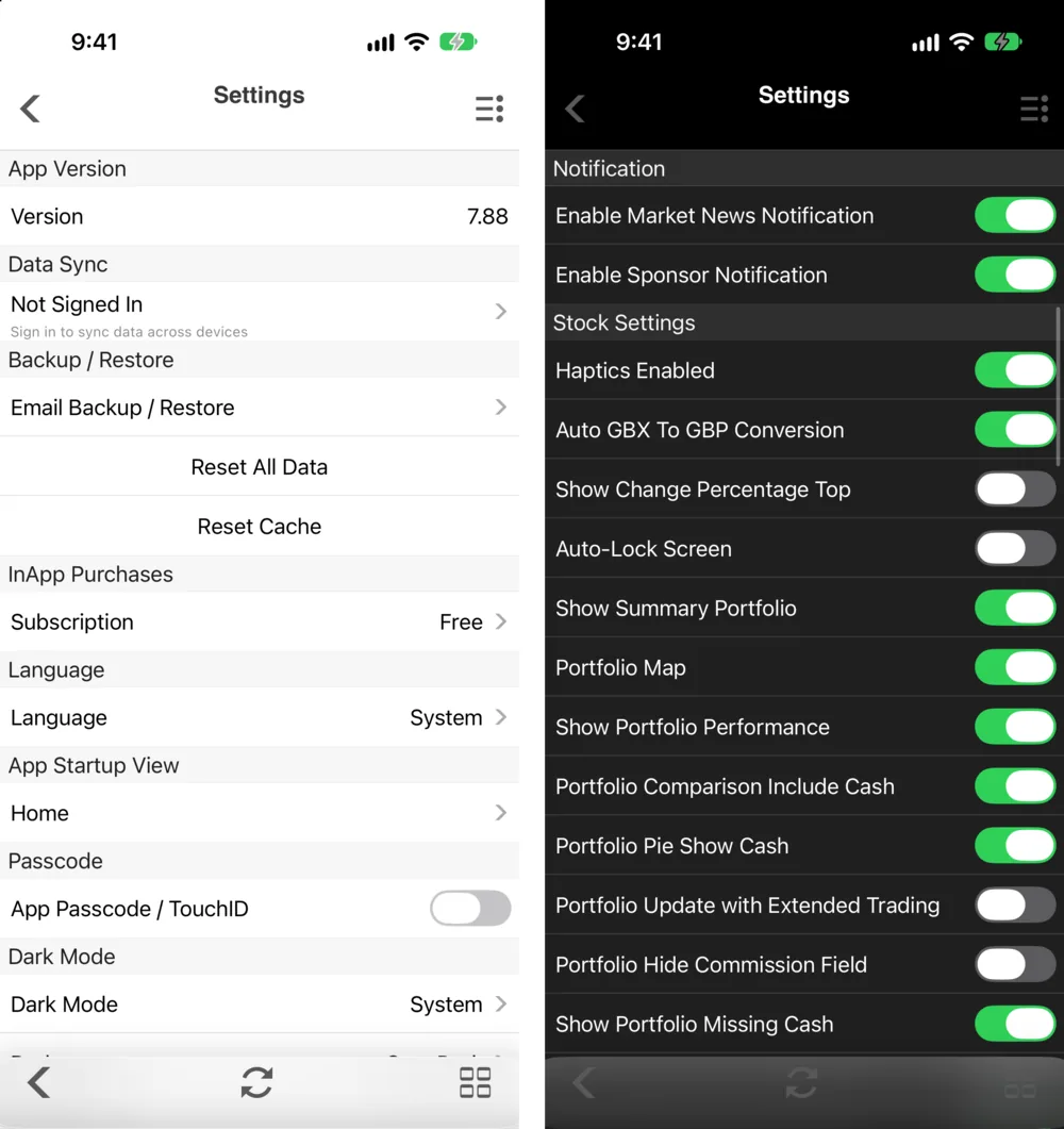Stock Master Settings side by side: the top of Settings in light mode, and the Notification and Stock Settings sections in dark mode