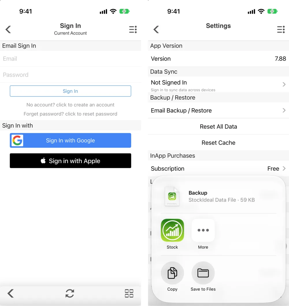Two Stock Master screens side by side: the Sign In screen with email and password fields and Sign In with Google and Sign in with Apple buttons, and the share sheet for a Backup StockIdeal Data File of 59 KB