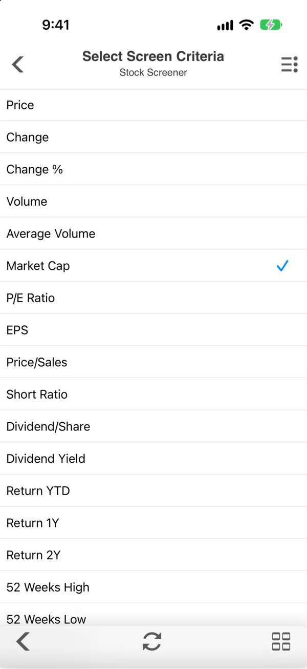 The Stock Master Select Screen Criteria list: Price, Change, Change %, Volume, Average Volume, Market Cap, P/E Ratio, EPS, Price/Sales, Short Ratio, Dividend/Share, Dividend Yield, Return YTD, Return 1Y, Return 2Y, 52 Weeks High and 52 Weeks Low
