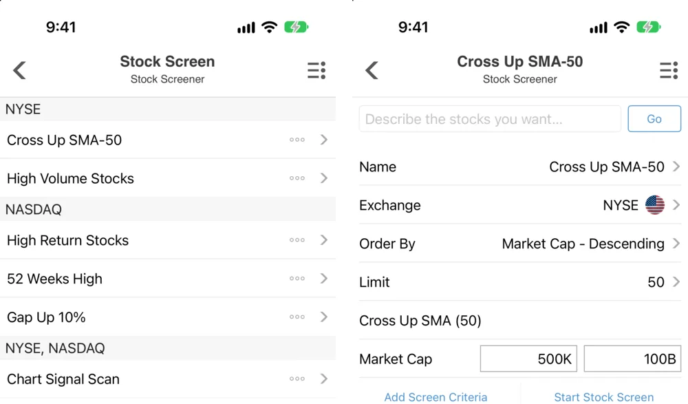 Two Stock Master screens side by side: the Stock Screen list with screens grouped under NYSE, NASDAQ and NYSE, NASDAQ, and the editor for the Cross Up SMA-50 screen