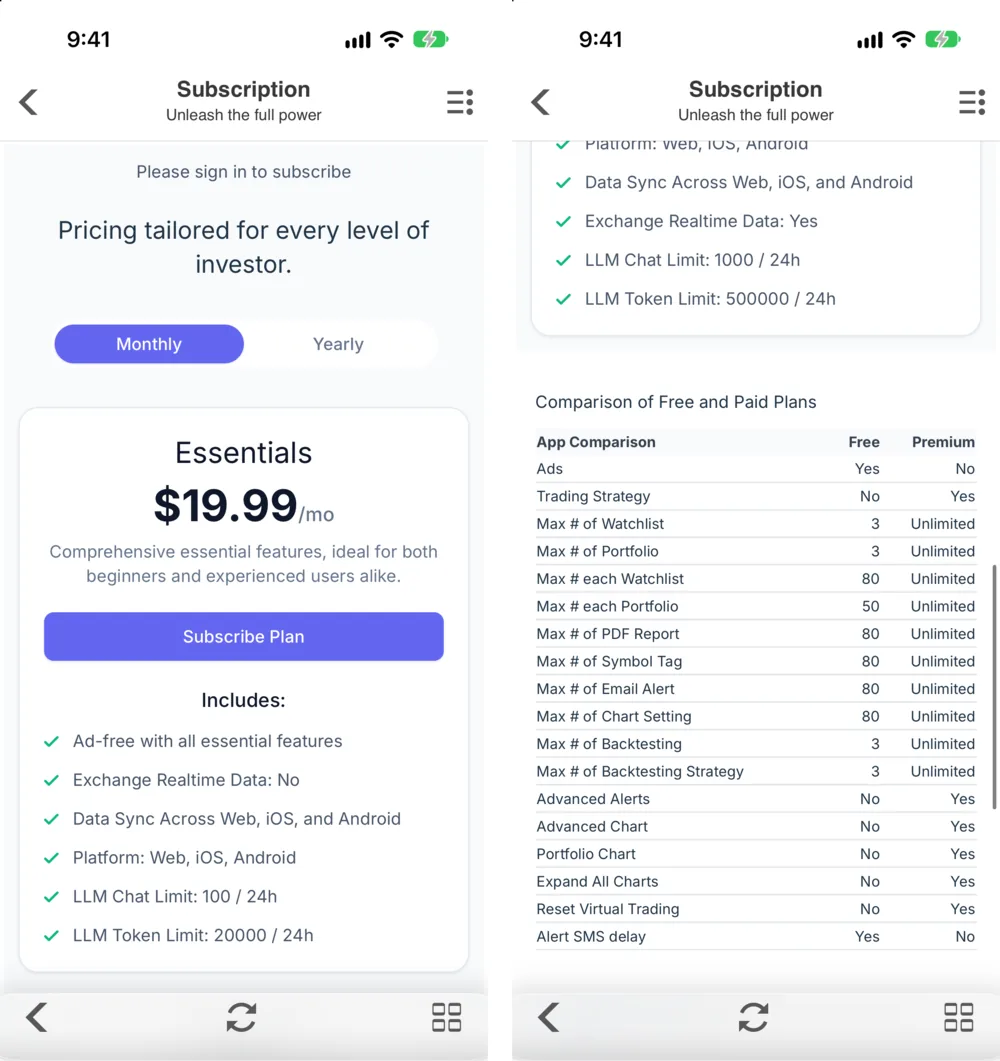 Two parts of the Stock Master Subscription screen side by side: the Essentials plan card at $19.99 a month with its feature list, and the Comparison of Free and Paid Plans table