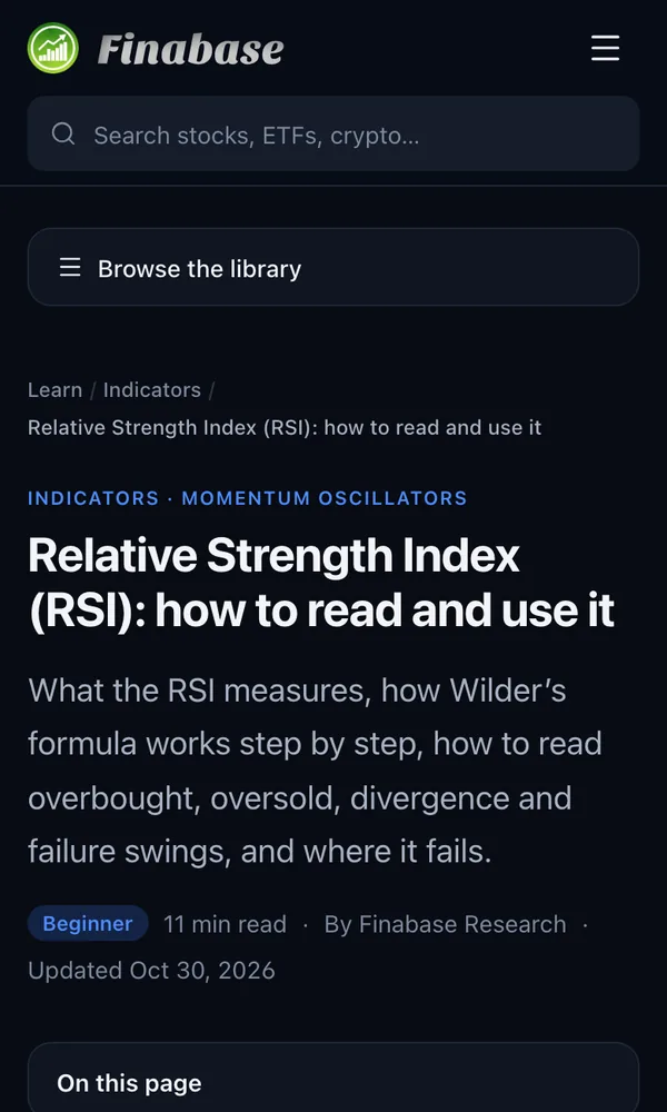 A Finabase Learn article about the RSI on a phone in dark mode, showing the section label, title, level badge, reading time and On this page list