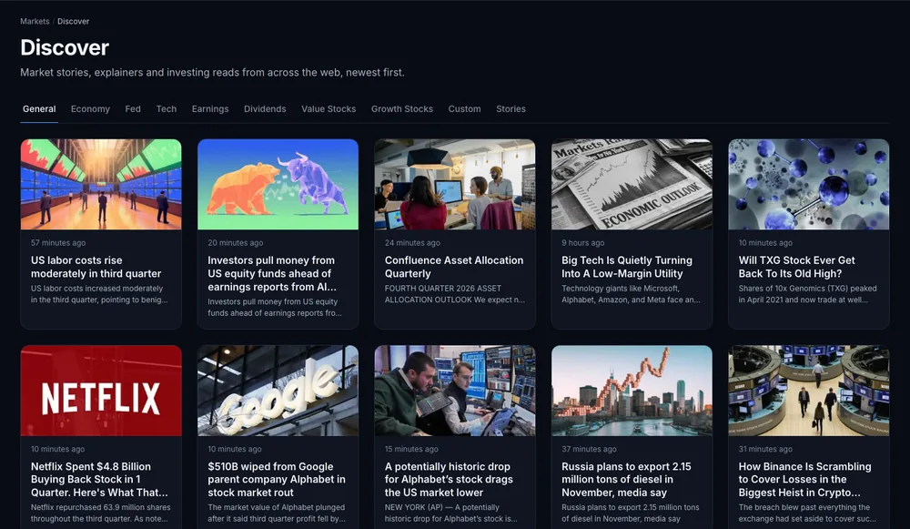 The Discover page in dark mode with topic tabs and a grid of story cards with images, times and summaries