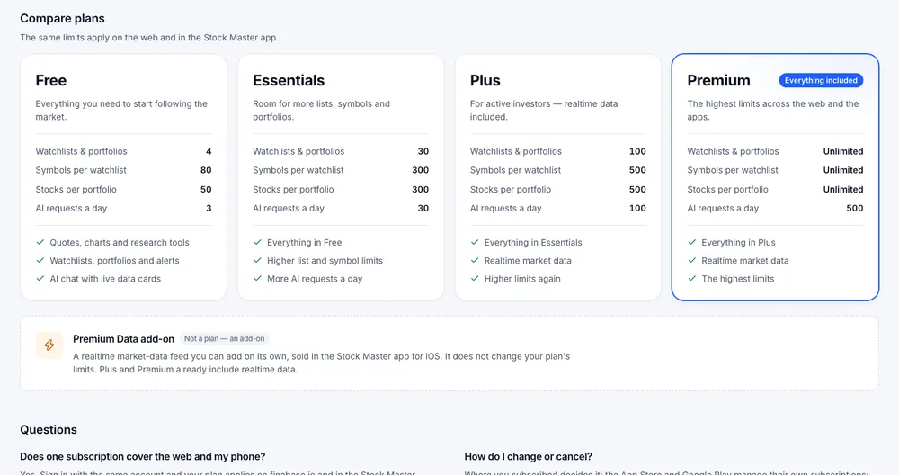 The Compare plans cards on finabase.io for Free, Essentials, Plus and Premium, with the Premium Data add-on note below