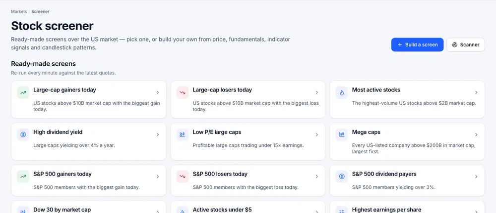 The Stock screener page with Build a screen and Scanner buttons and twelve ready-made screens such as Large-cap gainers today and High dividend yield